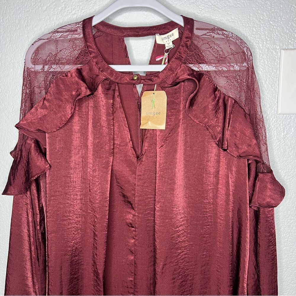 NEW Umgee Satin & Lace Long Sleeve Short Burgundy Holiday Party Dress Sz M - Picture 4 of 11